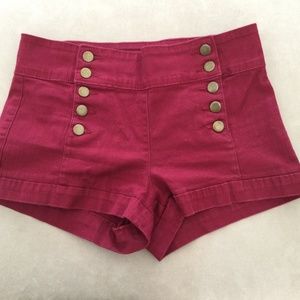 FOREVER 21 DOUBLE-BUTTON FRONT SHORTS - SIZE: 27, BURGUNDY RED